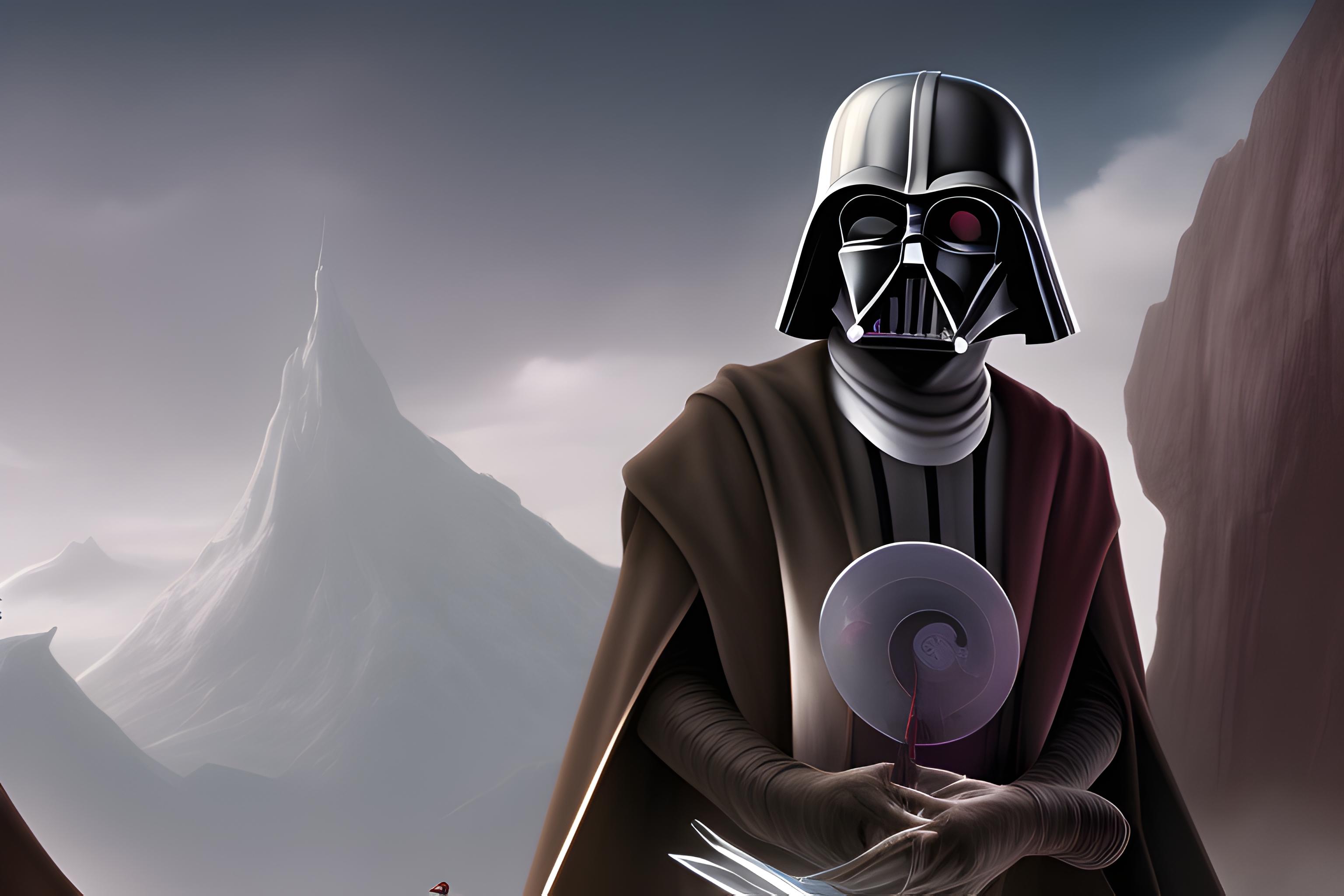 Dark Vador et le Comte Dooku buvant un café, avec Nute Gunray leurs servant à boire sur fond de montagne, sur une terrasse